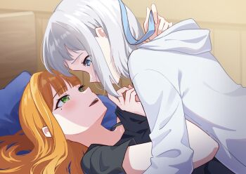 2girls black_shirt blue_eyes blue_ribbon blush commentary_request gakuen_idolmaster green_eyes hair_down highres hood hoodie hyoe_(hachiechi) idolmaster katsuragi_lilja long_hair mole mole_under_eye multiple_girls orange_hair parted_lips ribbon shirt shiun_sumika smile white_hoodie yuri