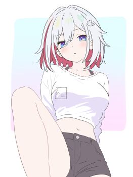 1girl absurdres alternate_costume black_shorts blue_background blue_eyes border casual closed_mouth colored_inner_hair cowboy_shot dot_mouth expressionless gradient_background hair_intakes hair_ornament highres honkai:_star_rail honkai_(series) leg_up light_blush looking_at_viewer midriff multicolored_hair navel noire_neige pink_background red_hair short_hair short_shorts shorts solo standing standing_on_one_leg sweater topaz_(honkai:_star_rail) two-tone_background white_border white_hair white_sweater