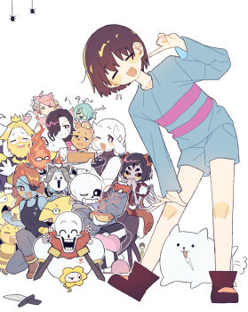 2others 5boys 6+girls ^_^ absurdres alphys anger_vein animal annoying_dog arthropod_girl asgore_dreemurr blonde_hair blue_shorts blue_skin boots bow breasts brown_hair bug burgerpants chara_(undertale) closed_eyes colored_skin commentary_request crown dog eyepatch fish_girl flower_symbol flowey_(undertale) frisk_(undertale) furry furry_female furry_male glasses grillby grin hair_bow highres horns hot_dog insect_girl long_sleeves mad_mew_mew mettaton mettaton_ex monster_kid_(undertale) muffet multiple_boys multiple_girls multiple_others musical_note nandaka_0103 napstablook one_eye_closed onionsan opaque_glasses open_mouth pants papyrus_(undertale) pink_hair puff_of_air red_bow red_hair sans_(undertale) short_hair shorts shyren simple_background smile spider spider_girl striped_clothes striped_sweater sweater tank_top temmie toriel undertale undyne utdr_(toby_fox) white_background