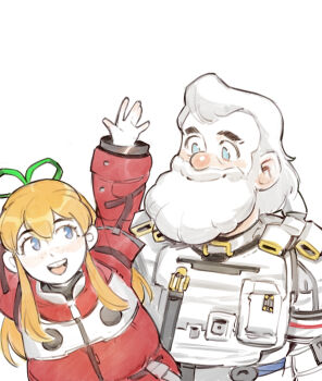 Rule 34 | 1boy, 2girls, arms up, beard, blonde hair, blue eyes, blush, bow, commentary, cosplay, diana (pragmata), diana (pragmata) (cosplay), dr. light (mega man), effy neprin, english commentary, facial hair, freckles, hair bow, hugh williams, hugh williams (cosplay), looking at another, mega man (classic), mega man (series), multiple girls, pragmata, roll (mega man), round nose, simple background, smile, spacesuit, teeth, upper teeth only, white background, white beard, white hair