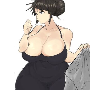 Rule 34 | 1girl, 2023, 2ham4borgur, arm up, black dress, black hair, blue eyes, breasts, cleavage, clenched hands, closed mouth, collarbone, commentary, covered navel, dress, english commentary, female focus, groin tendon, hair bun, halter dress, halterneck, highres, huge breasts, original, plump, simple background, sketch, solo, spaghetti strap, thick thighs, thighs, upper body, white background, wide hips