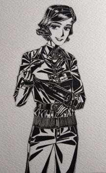 1girl absurdres belt_around_waist belt_buckle black_gloves black_jacket bob_cut bordfunker133 breasts buckle collared_shirt commentary_request cowboy_shot cross curly_hair dress_shirt gloves greyscale grin heinz-wolfgang_schnaufer highres holding iron_cross jacket leather_belt long_sleeves looking_at_viewer luftwaffe monochrome nazi original pants photo_(medium) real_life reichsadler schnaufer-chan_(bordfunker133) shirt short_hair simple_background small_breasts smile solo standing swastika world_war_ii