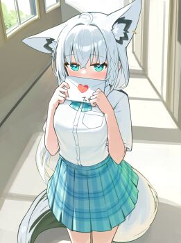 1girl absurdres ahoge alternate_costume animal_ear_piercing animal_ears aqua_bow aqua_bowtie aqua_eyes aqua_skirt black_ribbon blush bow bowtie braid collared_shirt commentary_request crossed_bangs day deaver double-parted_bangs envelope fox_ears fox_girl fox_tail hair_between_eyes hair_ribbon hallway highres holding holding_envelope hololive indoors letter long_hair looking_at_viewer love_letter low_ponytail plaid_bow plaid_bowtie plaid_clothes plaid_skirt pleated_skirt ponytail ribbon school school_uniform shirakami_fubuki shirt shirt_tucked_in short_sleeves side_braid single_braid skirt solo tail virtual_youtuber white_hair white_shirt