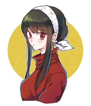 1girl :o black_hair blush collarbone commentary_request dress earrings eyelashes hair_behind_ear hair_between_eyes hairband highres jewelry looking_at_viewer portrait red_eyes red_sweater sidelocks smile solo spy_x_family sweater sweater_dress umini_ikukara upper_body white_background white_hairband yor_briar