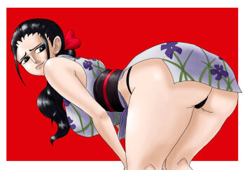 1girl abemusnaculo ass black_hair breasts curvy hands_on_own_knees huge_ass large_breasts long_hair looking_at_viewer low_ponytail nico_robin nico_robin_(wano) one_piece panties ponytail smile thong underwear wide_hips