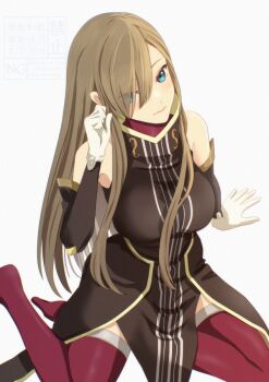 1girl arm_support bare_shoulders blush breasts brown_dress brown_hair brown_sleeves closed_mouth commentary_request detached_sleeves dress eyes_visible_through_hair foot_out_of_frame gloves hair_over_one_eye komegura large_breasts long_hair looking_at_viewer no_shoes purple_thighhighs sidelocks sitting sleeveless sleeveless_dress solo tales_of_(series) tales_of_the_abyss tear_grants thighhighs white_background white_gloves yokozuwari