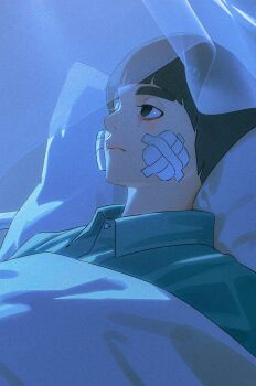 Rule 34 | 1boy, absurdres, aqua shirt, bandage on cheek, black hair, blunt bangs, bowl cut, bruise, bruise on face, closed mouth, collared shirt, commentary request, curtains, half-closed eyes, highres, injury, korean commentary, m0 mo momo, male focus, naruto (classic), naruto (series), pillow, rock lee, shirt, short hair, solo, thick eyebrows, under covers, upper body