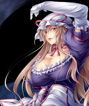 1girl blonde_hair breasts cleavage corset female_focus fuyuwa_kotatsu hat highres huge_breasts lips long_hair red_eyes solo touhou very_long_hair yakumo_yukari