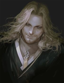 1boy alle_page beard black_shirt blonde_hair blue_eyes connected_beard earrings facial_hair fate/apocrypha fate/grand_order fate_(series) grey_background jewelry long_hair looking_to_the_side male_focus portrait realistic shirt simple_background smile solo turtleneck vlad_iii_(fate/apocrypha)