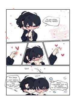 2boys @_@ ahoge black_coat black_hair black_shirt blush close-up coat commentary cowboy_shot curly_hair double-parted_bangs english_text hair_between_eyes hand_up highres kim_dokja kimidori_22 male_focus multiple_boys nipple_stimulation nipples no_shirt omniscient_reader&#039;s_viewpoint open_clothes open_coat open_mouth popped_collar sex shirt short_hair sweatdrop symbol-only_commentary undressing_another yaoi yoo_joonghyuk