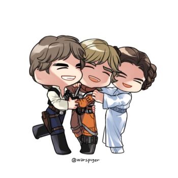 1girl 2boys black_boots black_vest blonde_hair blue_pants boots brother_and_sister brown_hair chibi closed_eyes collared_shirt dress grin han_solo jumpsuit lapuger_game luke_skywalker may_the_4th multiple_boys open_clothes open_mouth open_vest orange_jumpsuit pants princess_leia shirt siblings simple_background smile star_wars star_wars:_a_new_hope vest white_background white_dress white_shirt