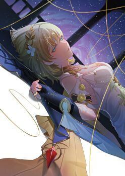 1girl aglaea_(honkai:_star_rail) blonde_hair breast_tattoo breasts cape cleavage commentary_request dress dutch_angle flower_hairpin flower_ornament from_side gold_tattoo greco-roman_clothes green_eyes highres honkai:_star_rail honkai_(series) jewelry large_breasts laurel_crown looking_at_viewer lying ochiba_34 on_back parted_lips short_hair sleeveless sleeveless_dress solo space star_(sky) string string_of_fate tattoo upper_body white_dress