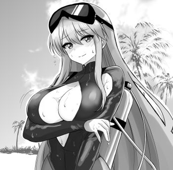 1girl arm_under_breasts armpit_crease armpit_cutout azur_lane blush bodysuit breasts cleavage cleavage_cutout closed_mouth clothing_cutout coconut_tree commentary_request day diving_mask diving_mask_on_head diving_regulator diving_suit enterprise_(azur_lane) enterprise_(diving_under_blue_skies)_(azur_lane) fingernails goggles goggles_on_head greyscale hair_between_eyes highleg_springsuit highres ibuki_(tulta_icon) large_breasts long_hair long_sleeves monochrome motion_lines official_alternate_costume open_wetsuit outdoors oxygen_tank palm_tree scuba scuba_gear scuba_tank sidelocks smile solo springsuit suggestive_fluid swim_goggles tree upper_body water_drop wet wet_clothes wetsuit