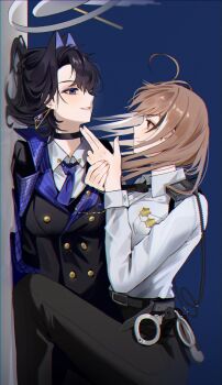 Rule 34 | 2girls, ahoge, alternate costume, belt, black belt, black choker, black hair, black jacket, black necktie, black pants, blue background, blue eyes, blue hair, blue necktie, breast pocket, brown eyes, brown hair, buttons, choker, closed mouth, collared shirt, colored inner hair, commentary, cuffs, double-breasted, dress pants, dress shirt, earrings, emimhok, eye contact, finger gun, girl on top, grin, hair intakes, halo, handcuffs, highres, hololive, hololive english, jacket, jewelry, long hair, long sleeves, looking at another, lying, mechanical halo, multicolored hair, multiple girls, nanashi mumei, necktie, on floor, on side, ouro kronii, pants, pocket, police, police badge, police uniform, policewoman, profile, shirt, short hair, sideways, simple background, smile, streaked hair, symbol-only commentary, two-tone hair, virtual youtuber, walkie-talkie, white hair, white shirt, yuri