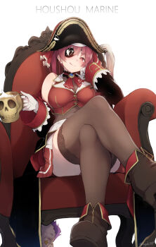 1girl arrow_through_heart bare_shoulders bicorne blush boots breasts character_name cleavage eyepatch female_focus gloves hat highres hololive hololive_fantasy houshou_marine large_breasts leotard leotard_under_clothes long_sleeves nanahara_fuyuki pirate_hat red_eyes red_hair see-through_cleavage see-through_clothes see-through_leotard solo thighhighs virtual_youtuber