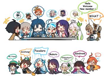 +++ ... 5boys 6+girls ? ^_^ ahoge animal animal_on_head bird bird_on_head black_hair blonde_hair blue_hair blush_stickers bodysuit braid brown_hair capitano_(genshin_impact) chibi chibi_only closed_eyes coat columbina_(genshin_impact) commentary confused cowlick cup dragon_boy dragon_horns dragon_tail dress eye_mask focalors_(genshin_impact) genshin_impact gloves green_eyes green_hair grey_hair guizhong_(genshin_impact) hat head_wings headdress highres holding holding_cup horns long_hair long_sleeves looking_at_another makoto_(genshin_impact) mask mavuika_(genshin_impact) multicolored_hair multiple_boys multiple_girls nahida_(genshin_impact) nameless_bard_(genshin_impact) neuvillette_(genshin_impact) on_head orange_eyes orange_hair pointy_ears pun-rii purple_eyes purple_hair raiden_shogun rain red_hair rukkhadevata_(genshin_impact) sad sandrone_(genshin_impact) side-by-side side_braid side_ponytail sitting smile spoken_ellipsis standing symbol-only_commentary tail tearing_up turn_pale twin_braids two-tone_hair venti_(genshin_impact) water wings zhongli_(archon)_(genshin_impact) zhongli_(genshin_impact)