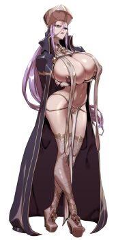 1girl arms_under_breasts black_cape breast_curtains breasts cape collared_cape earrings elbow_gloves eyelashes fishnet_thighhighs fishnets full_body gloves green_eyes hair_between_eyes hashtag-only_commentary hat high_heels huge_breasts jewelry lips long_breast_curtain long_hair mitre navel official_art parted_lips pelvic_curtain platform_heels platform_sandals priestess purple_hair revealing_clothes sandals serious sideboob simple_background solo stomach tensei_colosseum:_saijaku_skill_de_saikyou_no_onna-tachi_wo_kouryaku_shite_dorei_harem_tsukurimasu thighhighs thighs very_long_hair white_background white_gloves zayd zunta