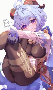 1girl absurdres ahoge bell blue_hair character_name closed_mouth detached_sleeves ganyu_(genshin_impact) genshin_impact gloves goat_horns gold_trim hair_between_eyes happy_birthday highres horns long_hair multicolored_eyes pantyhose pink_eyes purple_eyes qilin_(mythology) smile tassel touji_(tozi526) vision_(genshin_impact) watermark white_background