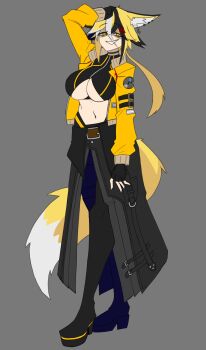 Rule 34 | 1girl, animal ear fluff, animal ears, black gloves, black hair, blonde hair, boots, borrowed character, breasts, choker, crop top, doce, ear piercing, earrings, female focus, fingerless gloves, fox ears, fox girl, fox tail, full body, gloves, grey background, grin, hair between eyes, hair ornament, hairclip, half-closed eyes, hand on own head, highres, jacket, jewelry, looking at viewer, midriff, multicolored hair, navel, open clothes, open jacket, original, piercing, short hair, simple background, smile, solo, tail, thigh boots, underboob, white hair, yellow eyes, yellow jacket