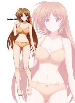 1girl artist_name barefoot bra breasts brown_hair cleavage collarbone eyebrows_hidden_by_hair full_body hair_down highres hip_bones large_breasts long_hair looking_at_viewer lyrical_nanoha mahou_shoujo_lyrical_nanoha mahou_shoujo_lyrical_nanoha_strikers navel oshimaru026 panties purple_eyes smile solo takamachi_nanoha twitter_username underwear white_background zoom_layer