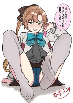1girl absurdres akigumo_(kancolle) akigumo_kai_ni_(kancolle) aqua_bow aqua_panties bow bowtie breasts brown_hair condom gloves green_eyes grey_thighhighs hair_ribbon highres jacket kantai_collection long_hair mole mole_under_eye nanafumi_(nanafumino) panties partially_fingerless_gloves ponytail ribbon school_uniform sitting skirt smile solo speech_bubble thighhighs underwear