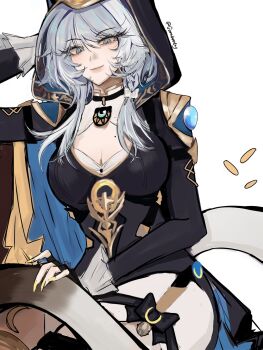 1girl animal_ears animal_hood blue_eyes bow braid breasts cat_girl cat_hood cat_tail charm_(object) choker cipher_(honkai:_star_rail) cleavage commentary english_commentary gamlamey gloves grey_hair hashtag-only_commentary highres honkai:_star_rail honkai_(series) hood leotard medium_breasts mole mole_on_breast tail white_streaks yellow_nails