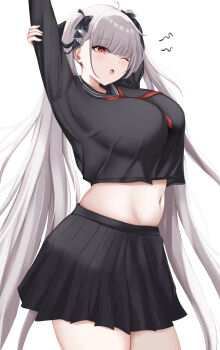 1girl ;o absurdres arms_up azur_lane black_shirt black_skirt blush breasts formidable_(azur_lane) hair_ornament hair_ribbon highres large_breasts long_hair looking_at_viewer miniskirt navel one_eye_closed open_mouth pleated_skirt red_eyes ribbon samidarekinoko school_uniform shirt simple_background skirt solo stomach twintails very_long_hair white_background white_hair