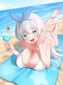 1girl :d absurdres bare_arms bare_shoulders barefoot beach beach_towel bikini blue_eyes blue_hairband blunt_bangs blurry blurry_background bow_hairband breasts cleavage collarbone colored_eyelashes cup day drink drinking_glass dutch_angle full_body hairband hand_up hands_up head_on_hand highres holding holding_drink holding_drinking_glass large_breasts leg_up light_blush long_hair looking_at_viewer lying ocean on_stomach open_mouth original outdoors samus123 side-tie_bikini_bottom smile soles solo star_(symbol) star_in_eye string_bikini swimsuit symbol_in_eye teeth toes towel upper_teeth_only white_bikini white_eyelashes white_hair