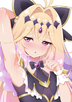 Rule 34 | 1girl, antenna hair, arm up, armpit focus, armpits, black dress, blonde hair, blush, bow, breasts, brooch, commentary request, cure arcana shadow, diamond hairband, dress, earrings, forehead jewel, gold trim, hair intakes, hair ribbon, highres, jewelry, long hair, looking at viewer, magical girl, meitantei precure!, moria luluka, open mouth, pink eyes, precure, presenting armpit, purple veil, ribbon, small breasts, solo, sweat, veil, wrist cuffs, yuunagi (0217)