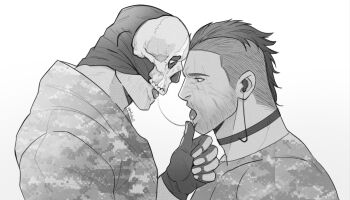 2boys after_kiss artist_name bara call_of_duty call_of_duty:_modern_warfare_2 camouflage camouflage_jacket camouflage_shirt choker couple facial_hair ghost_(modern_warfare_2) gloves greyscale highres ives_navarro jacket looking_at_another male_focus mask mask_lift monochrome multiple_boys muscular muscular_male open_mouth saliva saliva_trail shirt short_hair skull_mask soap_(modern_warfare_2) tongue tongue_out yaoi