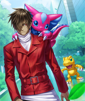 Rule 34 | 1boy, agumon, animal, animal on shoulder, blue eyes, blurry, blurry foreground, brown hair, dark-skinned male, dark skin, digimon, digimon (creature), digimon card game, digimon liberator, earrings, elizamon, hair over one eye, high collar, jacket, jewelry, kazuki seihou, leaf, lizard, official art, owen dreadnought, red eyes, red jacket, shirt, short hair, walking, white shirt