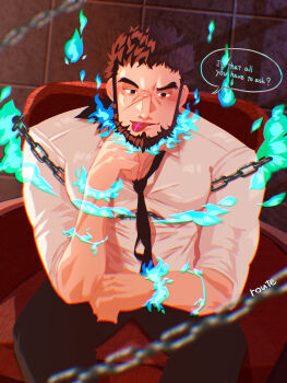 Rule 34 | 1boy, absurdres, alternate skin color, bara, beard, black hair, blue fire, chain, chinstrap beard, commentary, couch, english text, facial hair, facial scar, fire, forked eyebrows, highres, large pectorals, looking at viewer, male focus, mature male, muscular, muscular male, on couch, pectorals, route (ealger50703), sandayu (housamo), scar, scar on cheek, scar on face, sitting, solo, tattoo, thick eyebrows, tokyo houkago summoners, tongue, tongue out, tongue tattoo, underbust