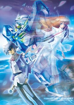 1boy 1girl black_hair blue_eyes blue_flower blue_rose brown_eyes brown_hair cloud commentary dress earth_(planet) english_text exia_(personification) flower gundam gundam_00 gundam_exia holding holding_flower illim00 long_hair mecha mobile_suit petals planet red_scarf robot rose scarf science_fiction setsuna_f._seiei short_hair v-fin very_long_hair white_dress