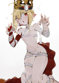 1girl absurdres ahoge bandages bare_shoulders blonde_hair blush braid breasts crown deko_morii dragon_tail facial_mark fate/grand_order fate_(series) hair_bun hair_intakes hair_ribbon highres kneeling looking_at_viewer medium_hair naked_bandage navel nero_claudius_(fate) open_mouth pointy_ears queen_draco_(fate) red_eyes red_ribbon ribbon scales small_breasts solo tail