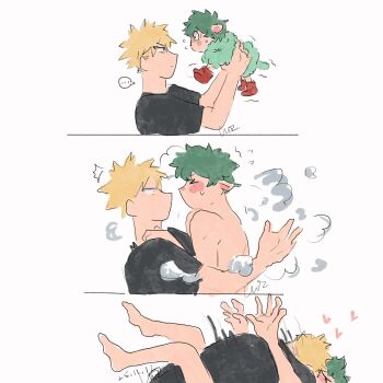 bakudeku bakugou_katsuki blonde_hair blush boku_no_hero_academia carrying completely_nude dekusheep embarrassed feet freckles green_hair hug kiss legs messy_hair midoriya_izuku nervous nude pancakeice_twt sheep shirt shoes spiked_hair transformation wool yaoi