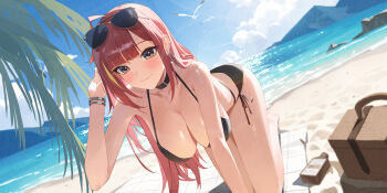 Rule 34 | 1girl, ahoge, akane lize, all fours, bare arms, bare legs, bare shoulders, beach, bikini, black bikini, black choker, black eyes, bottle, breasts, choker, cleavage, closed mouth, collarbone, day, dutch angle, earrings, eyewear on head, halterneck, hand up, highres, hoop earrings, jewelry, large breasts, long hair, looking at viewer, multi-strapped bikini bottom, multicolored hair, outdoors, red hair, side-tie bikini bottom, sidelocks, smile, solo, stellive, streaked hair, string bikini, sunglasses, swimsuit, thighs, very long hair, virtual youtuber, wristband, yoba