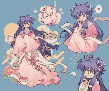 1girl blue_background blue_hair brown_eyes cat closed_mouth double_bun dress eyeliner flower full_body hair_bun hair_flower hair_ornament hand_on_own_cheek hand_on_own_face highres light_blush long_hair low-tied_long_hair makeup multiple_views open_mouth pearl_hair_ornament pink_dress pink_flower ranma_1/2 red_eyeliner ribbon shampoo_(ranma_1/2) sidelocks siyer smile upper_body white_flower white_ribbon wide_sleeves