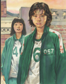 Rule 34 | 2girls, black eyes, black hair, blood, blood on clothes, brick wall, closed mouth, color ink (medium), commentary request, green jacket, green pants, green track suit, jacket, ji-yeong, juna (junastern), kang sae-byeok, multiple girls, open mouth, pants, realistic, squid game, teeth, track suit, traditional media, upper teeth only