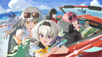 1boy 4girls :o absurdres black_hairband blade_(honkai:_star_rail) blue_ribbon camera car ear_piercing eyewear_on_head firefly_(honkai:_star_rail) gradient_hair green_pupils grey_hair grey_sailor_collar hair_between_eyes hair_intakes hair_ornament hair_ribbon hairband hairpin highres holding holding_camera holding_map honkai:_star_rail honkai_(series) kafka_(honkai:_star_rail) long_hair map motor_vehicle multicolored_hair multiple_girls multiple_hairpins neckerchief official_alternate_costume open_mouth orange_neckerchief piercing ponytail purple_eyes purple_hair ribbon sailor_collar silver_wolf_(honkai:_star_rail) smile stelle_(honkai:_star_rail) stelle_(world_tour_2023)_(honkai:_star_rail) sunglasses trailblazer_(honkai:_star_rail) zb_relic