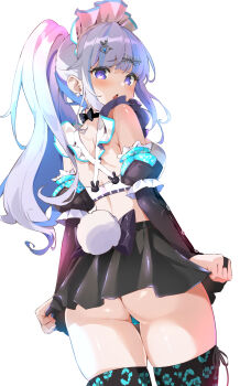 1girl absurdres alternate_costume alternate_hairstyle ass bikini bikini_top_only black_bridal_gauntlets black_skirt black_thighhighs blue_hair blue_panties blunt_bangs blush breasts bridal_gauntlets choker colored_inner_hair commentary_request connectopia covering_ass covering_privates criss-cross_back-straps crop_top detached_sleeves diamond_earrings dutch_angle earrings elbow_gloves embarrassed enmaided fake_tail frilled_straps from_behind from_below gloves gradient_hair grey_hair hair_ornament hair_pulled_back hairclip heart heart_earrings high_ponytail highres jewelry juliet_sleeves lolita_fashion long_hair long_sidelocks long_sleeves looking_at_viewer looking_back maid maid_bikini maid_headdress median_furrow medium_breasts mesugaki_dia microskirt multicolored_hair multiple_hair_clips open_mouth panties pantyshot pilokey pleated_skirt ponytail print_thighhighs puffy_short_sleeves puffy_sleeves purple_eyes purple_hair rabbit_tail ribbon_choker s_n_sb_4869 short_sleeves sidelocks skindentation skirt skirt_tug solo swimsuit tail text_hair_ornament thighhighs triangle_mouth unconventional_maid undersized_clothes underwear virtual_youtuber white_background