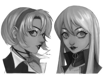 2girls aegyo_sal bad_id bad_twitter_id devil_summoner:_soul_hackers devil_summoner_(series) greyscale hair_between_eyes hairband high_collar jewelry lipstick long_hair looking_to_the_side makeup monochrome multiple_girls nemissa o-ring_collar open_mouth parted_lips pendant portrait rei_reiho s_ir_s short_hair