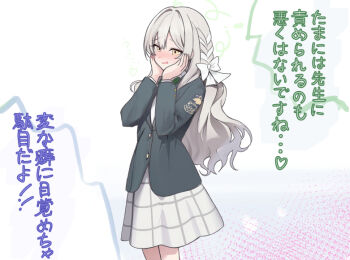 1girl blazer blue_archive blush bow braid green_jacket grey_hair hair_bow halo hands_on_own_cheeks hands_on_own_face hands_up houraku jacket long_hair miniskirt miyo_(blue_archive) plaid_clothes plaid_skirt school_uniform shirt skirt translation_request wavy_hair white_bow white_shirt white_skirt
