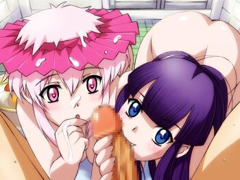 00s 1boy 2girls :o all_fours artemis back bathroom biting blue_eyes blush bucket censored cum cum_on_body facial fang fellatio hat hazuki_(tsukuyomi) loli long_hair multiple_girls nude open_mouth oral penis pink_eyes pink_hair pov purple_hair sameha_ikuya short_hair siblings sisters spread_legs surprised sweat tears tsukuyomi_moonphase