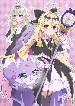 Rule 34 | 1girl, antenna hair, black capelet, black dress, black ribbon, blonde hair, brooch, capelet, closed mouth, commentary request, cure arcana shadow, diamond hairband, dot mouth, dress, earrings, eating, fairy, floating earrings, food, frilled capelet, frilled cuffs, frills, gradient hair, hair intakes, hair ribbon, heart, heart brooch, highres, holding, holding ice cream cone, holding rod, ice cream, ice cream cone, jewelry, long hair, looking at viewer, magical girl, mashu-tan, meitantei precure!, moria luluka, multicolored hair, multiple scoops, multiple views, ono (wimawi838), pink eyes, pink hair, precure, purple eyes, purple thighhighs, purple veil, purple wrist cuffs, ribbon, rod, solo, tear arcana rod, thighhighs, veil, very long hair, wrist cuffs, zettai ryouiki