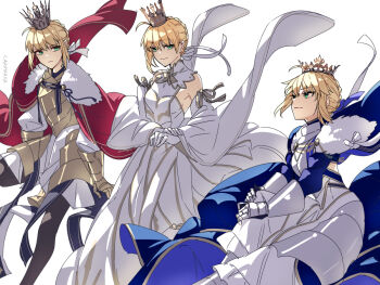 3girls ahoge armor armored_boots armored_dress artoria_pendragon_(fate) bare_shoulders blonde_hair blue_cloak blue_ribbon blue_shirt boots braid breastplate breasts brown_pantyhose carimarica cloak commentary_request crown detached_sleeves dress fate/grand_order fate_(series) faulds fur-trimmed_cloak fur_trim gauntlets gloves gold_armor gold_trim green_eyes hair_bun hair_ribbon long_hair long_sleeves looking_at_viewer lord_logres_(fate) lord_logres_(first_ascension)_(fate) lord_logres_(second_ascension)_(fate) lord_logres_(third_ascension)_(fate) medium_breasts multiple_girls multiple_persona pantyhose red_cloak ribbon shirt sidelocks smile tabard white_dress white_gloves white_ribbon wide_sleeves