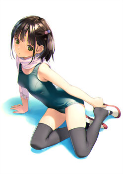 1girl bare_arms bare_shoulders black_hair black_thighhighs blue_one-piece_swimsuit breasts brown_hair colored_shadow commentary_request fringe_trim full_body green_eyes hair_bobbles hair_ornament koutaro looking_at_viewer old_school_swimsuit one-piece_swimsuit original parted_lips scarf school_swimsuit shadow shoes short_hair simple_background small_breasts solo swimsuit thighhighs thighs two_side_up uwabaki white_background white_scarf white_shoes
