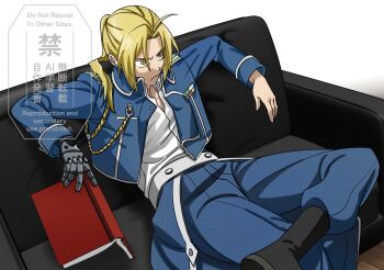 Rule 34 | 1boy, ahoge, black boots, blonde hair, blue jacket, blue pants, book, boots, collared shirt, commentary, couch, crossed legs, edward elric, frown, fullmetal alchemist, furrowed brow, hair over shoulder, highres, holding, holding book, jacket, long hair, male focus, mechanical arms, military jacket, military uniform, okbdko123, pants, parted bangs, ponytail, shirt, single mechanical arm, sitting, solo, untranslatable commentary, white background, white shirt, yellow eyes