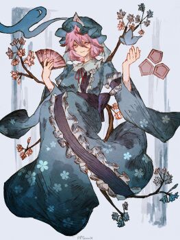 1girl blue_hat blue_kimono branch commentary_request floral_print folding_fan frilled_kimono frills hand_fan hat highres holding holding_fan japanese_clothes kimono mob_cap obi oftooon pink_eyes pink_hair saigyouji_yuyuko sash short_hair solo touhou triangular_headpiece wide_sleeves