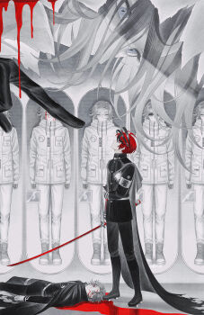 6+boys 7nite absurdres ahoge aotsuki_eito armband black_cloak black_gloves black_streaks blood blood_on_clothes blood_on_face blood_on_ground blue_eyes chinese_commentary cloak closed_eyes corpse crescent_moon cryostasis_pod full_moon gakuran giant gibbous_moon glasses gloves grey_eyes grey_hair hand_on_own_arm headgear highres holding holding_sword holding_weapon injury jacket last_defense_academy_school_uniform male_focus moon moon_phases multicolored_hair multiple_boys multiple_persona no_mouth pants pointing pointing_at_another red_hair school_uniform short_hair streaked_hair sumino_takumi sunglasses sword the_hundred_line_-last_defense_academy- weapon white_armband white_gloves white_jacket white_pants