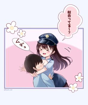 &gt;_&lt; 1boy 1girl black_pantyhose blue_shirt blue_skirt blush breasts brown_eyes brown_hair cleavage cleavage_cutout closed_eyes clothing_cutout flower hair_between_eyes halloween halloween_costume hat highres holding hug large_breasts long_hair long_sleeves looking_at_viewer open_mouth original pantyhose pencil_skirt police police_hat police_uniform policewoman sakura_hiyori shirt short_hair short_sleeves skirt smile speech_bubble sweatdrop